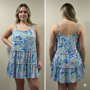 LILLY PULITZER "Loro Swing" Mini Tiered Sun Dress Royal/Pink/Green Floral XXL